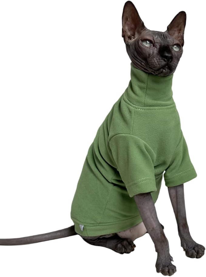 Sphynx Cats Solid Warm Fleece Shirt Cat Turtleneck Undershirt Thermal Hairless Cat Clothes for Sphynx, Devon, Cornish Cat Clothes and Small Kitten and Dogs (Green, Large)