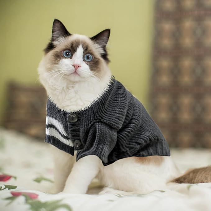 EXPAWLORER Cat Sweater Cardigan - Stylish Knitted Cat Clothes, British Style Soft Puppy Sweater with Sleeve Warm Pet Clothing Knitwear, Fall and Winter Kitten Coat for Girl Boy Cats, Grey Small