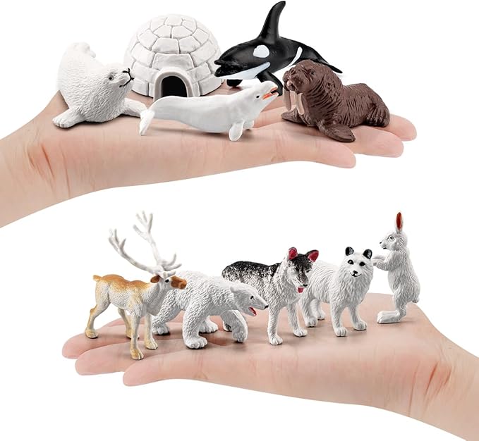 10PCS Mini Arctic Animals Toys Polar Animal Figurines Set Polar White Bear Reindeer Walrus Fox Wolf Figurines Birthday Gifts for Boys Girls Kids, Gift for Easter Christmas Part