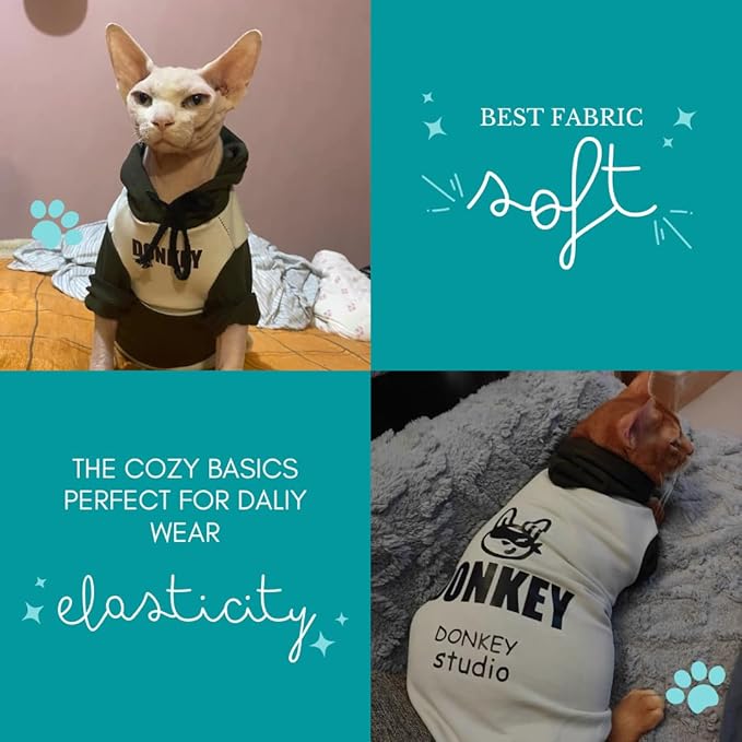 Sphynx Cat Hoodie Sweater, Thick Warm Stratch Soft Cat Hoodie Jacket,Two Legged Warm Fleece Hoodie for cat,Autumn Winter Clothes for Kitten Small Dogs (Dark Green&White, XXL(9-11lbs))