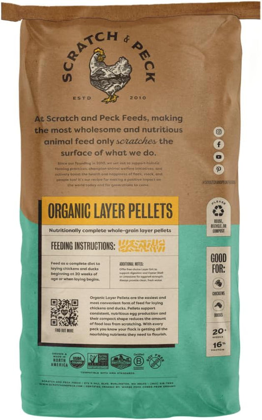 Scratch and Peck Feeds Whole Grain Layer Pellets Chicken and Duck Feed - 25 lbs Bag - Corn-Free and Soy-Free - 16% Protein, Certified Organic and Non-GMO Project Verified Chicken Food