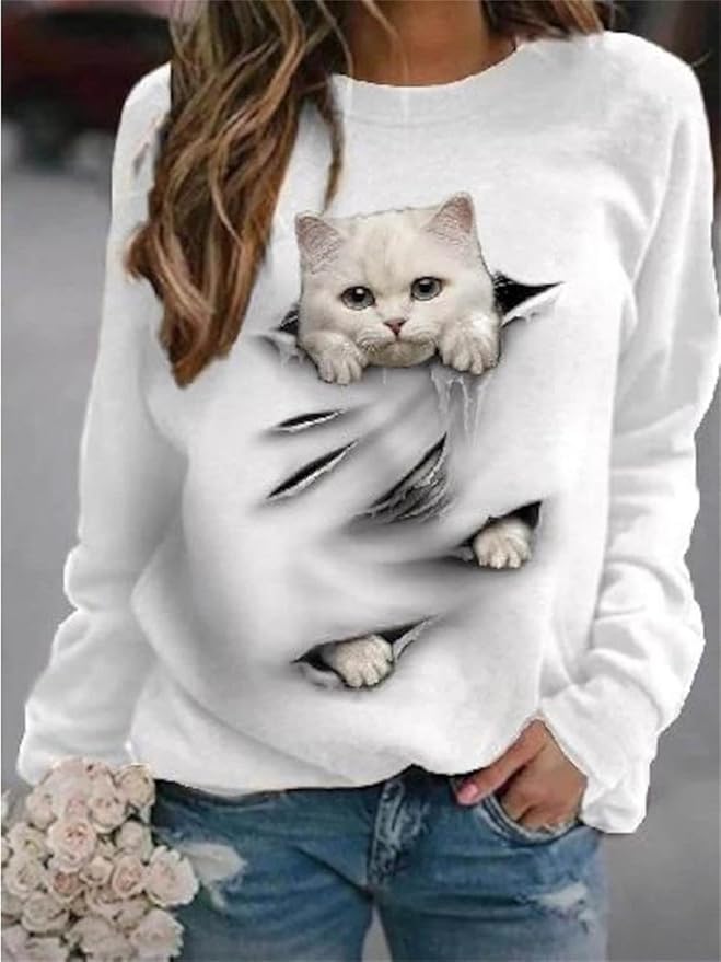 IVERIRMIN Women's 3D Cute Cat Print Sweatshirt Casual Long Sleeve Crewneck Cute Cat Pullover Loose Fit Shirts