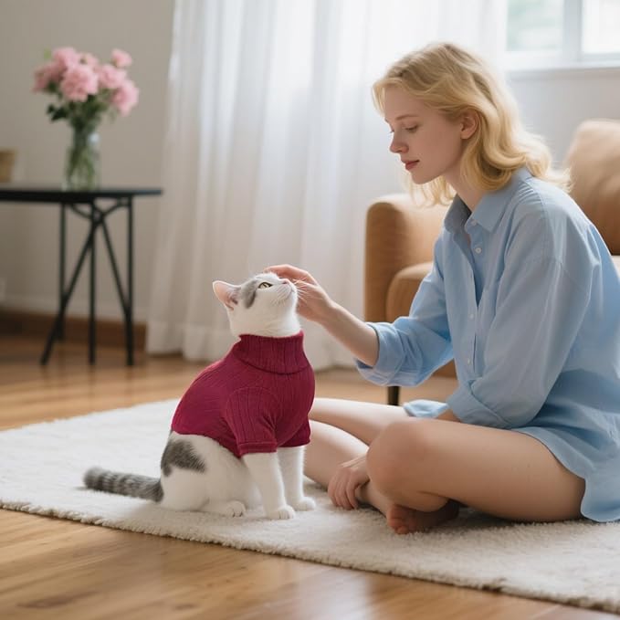 Idepet Sphynx Hairless Cats Sweater Shirt Kitten Soft Puppy Clothes Pullover Cute Cat Pajamas Jumpsuit Cotton Apparel Pet Winter Turtleneck for Cats and Teacup Chihuahua Small Dogs(Red,M)
