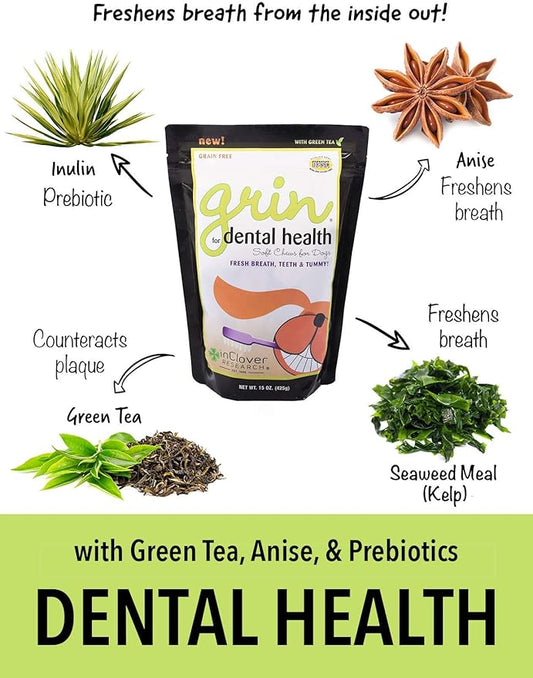 In Clover Natural Dental Treat, Grin, Fresh Breath Dog Chew Treat with Prebiotics, Fresh Breath Tartar Control, Daily Chew Supplement for Dogs Supports Dog Gums and Teeth