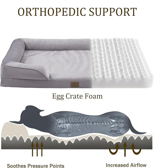 Bedfolks Orthopedic Dog Bed, Waterproof Dog Sofa Bed for Large Dogs, Egg Foam Pet Couch Bed with Removable Washable Cover and Nonslip Bottom, Light Grey