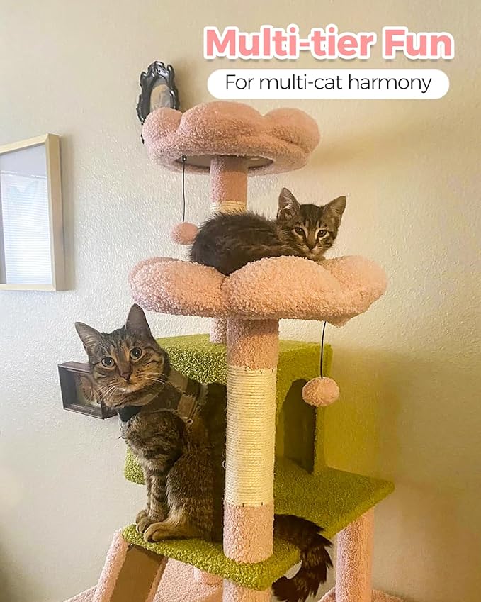 Flower Cat Tree, 70.9" Tall Cat Tree for Indoor Cats, Large Cat Tree for Large Cats, Multi-Level Tall Cat Tower with 6 Scratching Posts, 2 Cat Condos, 2 Perches, Large Hammock, Pompoms, Pink