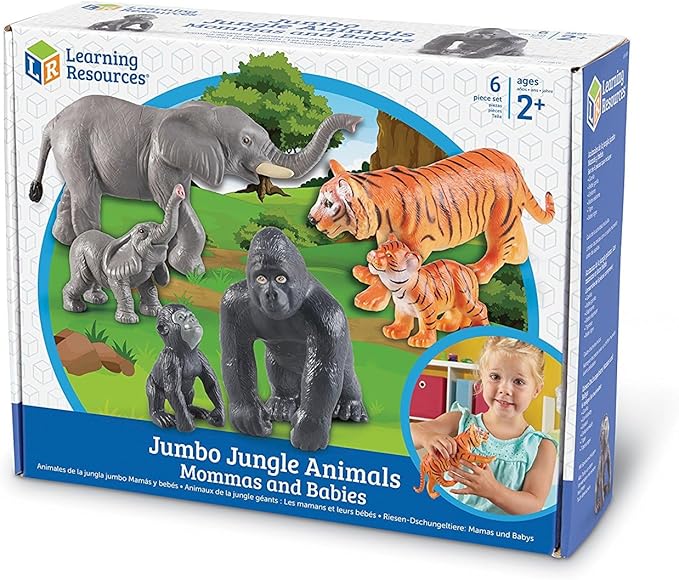 Learning Resources Jumbo Jungle Animals Mommas and Babies - Set of 6, Includes Elephant, Tiger, and Gorilla, Animal Toys for Toddlers, Pretend Play, Gifts for Kids Ages 2+