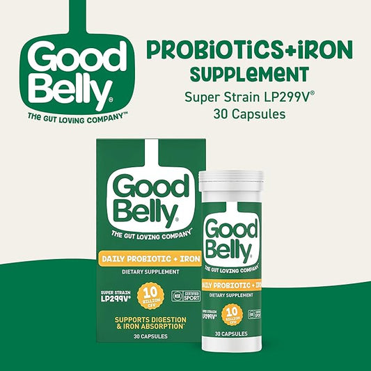 GoodBelly Probiotic Capsules for Digestive Health & Iron Absorption | Vegan Probiotic Supplement with 10 Billion Live Cultures | Probiotics for Women & Men | 30 Capsules