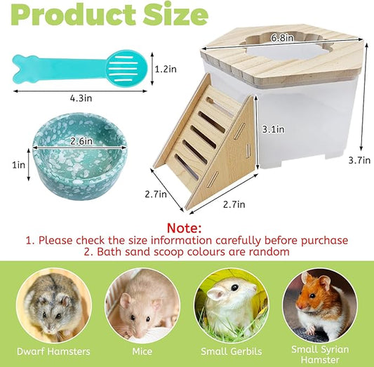 Hamiledyi Hamster Sand Bath Box Transparent Gerbil Digging Sand Container Acrylic Small Dwarf & Syrian Hamster Shower Bathtub with Climbing Ladder Bowl and Scoop Cage Accessories for Lemmings (Flower)