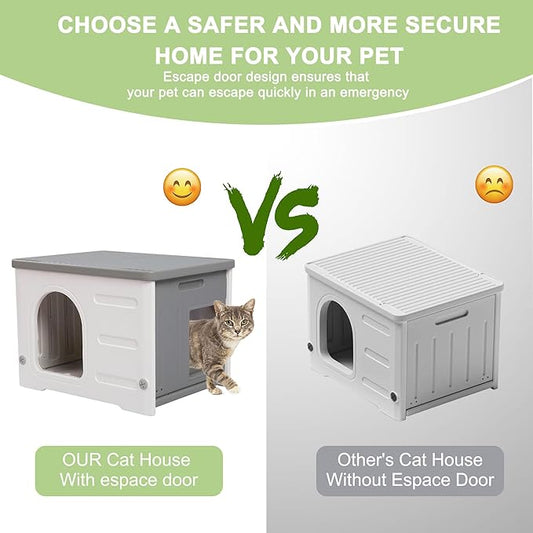 Waterproof Cat House for Outdoor Cats, Plastic Feral Cat House with Escape Door and Soft Mat, Large Indoor Cat House for Mutiple Cats - Grey