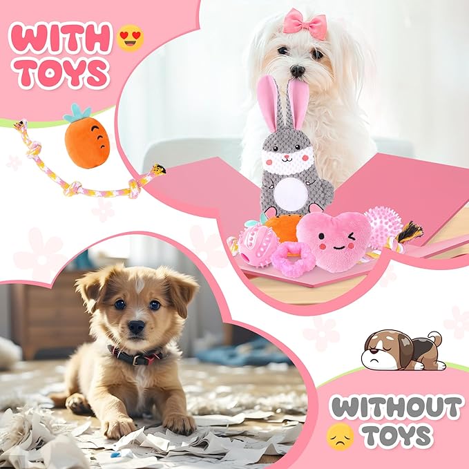 Zeaxuie Pink Puppy Toys for Teething - 9 Pack Small Dog Set With Chew, Squeaky Crinkle, Treat Ball and Interactive Rope for Puppies