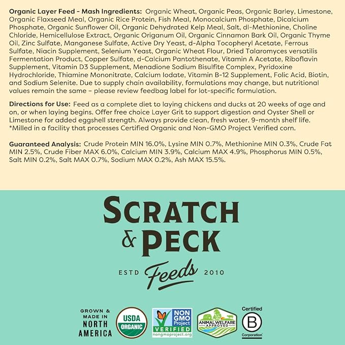 Scratch and Peck Feeds Whole Grain Layer Mash Chicken and Duck Feed - 25 lbs Bag - Corn-Free and Soy-Free - 16% Protein, Certified Organic and Non-GMO Project Verified Chicken Food