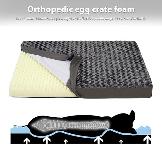 MIHIKK Dog Bed for Large Dogs, Orthopedic Pet Bed with Removable Washable Cover, Egg Crate Foam Dog Mattress Nonskid Bottom, Comfy Anti-Anxiety Puppy Mat, 36x27 inch, Dark Grey-Rose Pattern