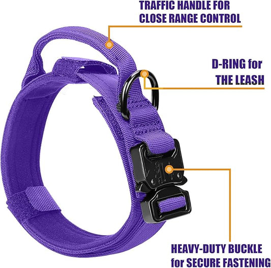 Tactical Dog Collar Military Dog Collar Adjustable Nylon Dog Collar Heavy Duty Metal Buckle with Handle for Dog Training,with Patches(Purple, M)