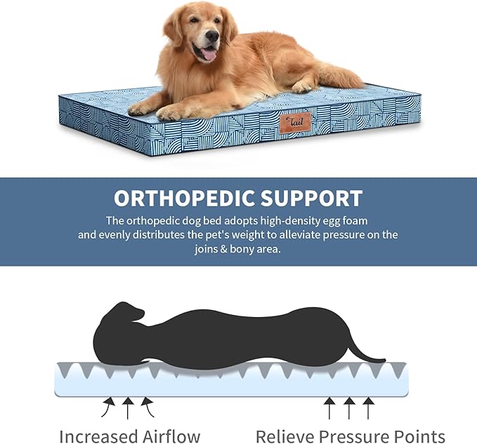 Outdoor Extra Large Dog Bed, Jumbo Waterproof Dog Bed for Large Size Dogs, Orthopedic Egg Foam Pet Bed Mat with Removable Oxford Cooling Cover, White Blue
