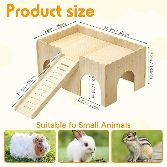 BNOSDM Large Wooden Guinea Pig Hideout with Ramp & Loft 2 Tier Detachable Cavy Castle 4 Door Upgraded Small Animal House Habitat Dwarf Rabbit Climbing Toy Accessories for Cage