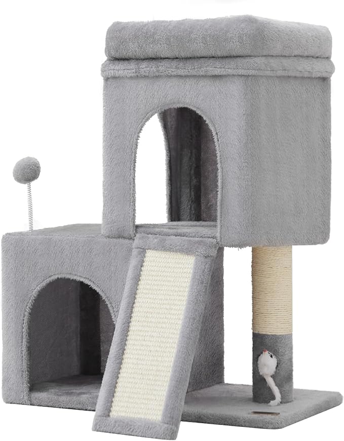 32inch Tall Cat Tree with 2 cat condo for Adult Cats Cozy Cat Tower with Scratching Post and Scrather Board for Cats of Different Ages.(Light Grey)