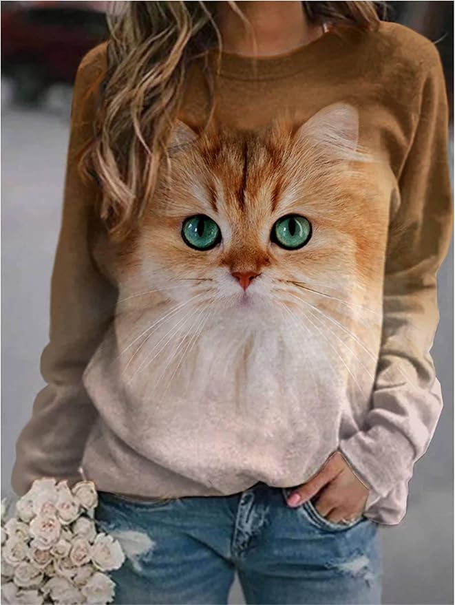 IVERIRMIN Women's 3D Cute Cat Print Sweatshirt Casual Long Sleeve Crewneck Cute Cat Pullover Loose Fit Shirts