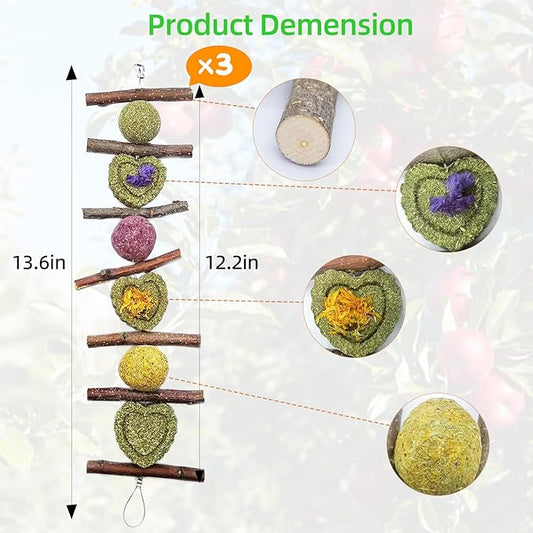 3Pcs Bunny Chew Toys for Teeth Grinding Bunny Hanging Natural Apple Twigs Timothy Hay Grass Cakes Multiple-Grass Ball for Rabbits Guinea Pigs Chinchillas Gerbils Hamsters Improves Dental Health