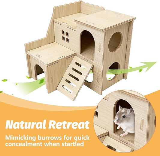 BNOSDM Wood Hamster House Dwarf Hamster Natrual Hideout with Ladder Gerbils Climbing Exploring Seesaw Toys Cage Accessories for Syrian Hamsters Mouse Mice