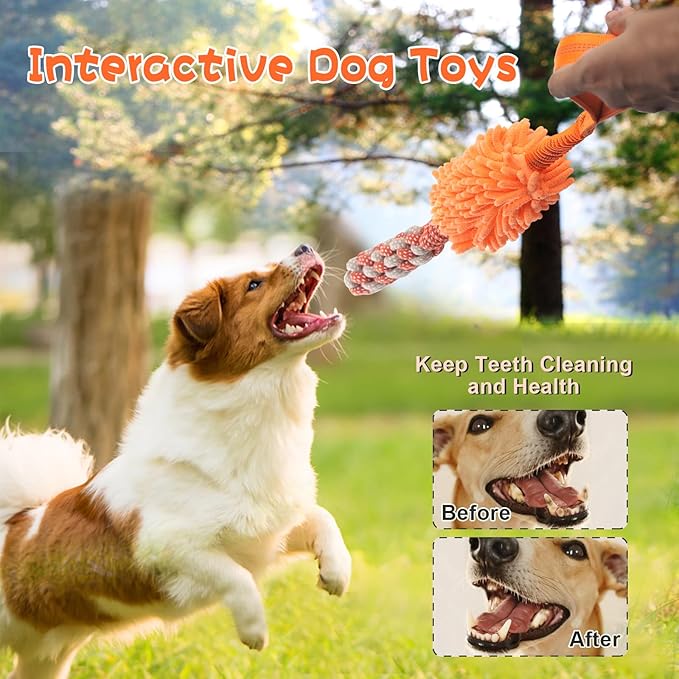 Dog Puppy Toys Dog Squeak Toys Plush Dog Toy with Dog Ropes Knots for Fun and Teeth Cleaning,Tug of War Toys, Puppy Chew Toys, Dog Rope Toys for Training Small, Large Dogs (Orange, Dog Bite Stick Toy)