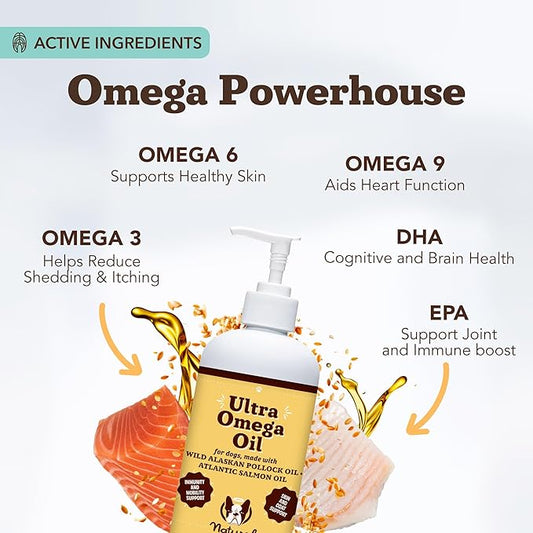 Natural Dog Company Ultra Omega Oil for Dogs a 2000 MG Omega 3, 6, 9 with Salmon, Pollock & Flaxseed Oil, EPA & DHA, Dog Supplement for Skin, Coat, Joints, Allergy & Itch Relief, Dog Fish Oil 16oz