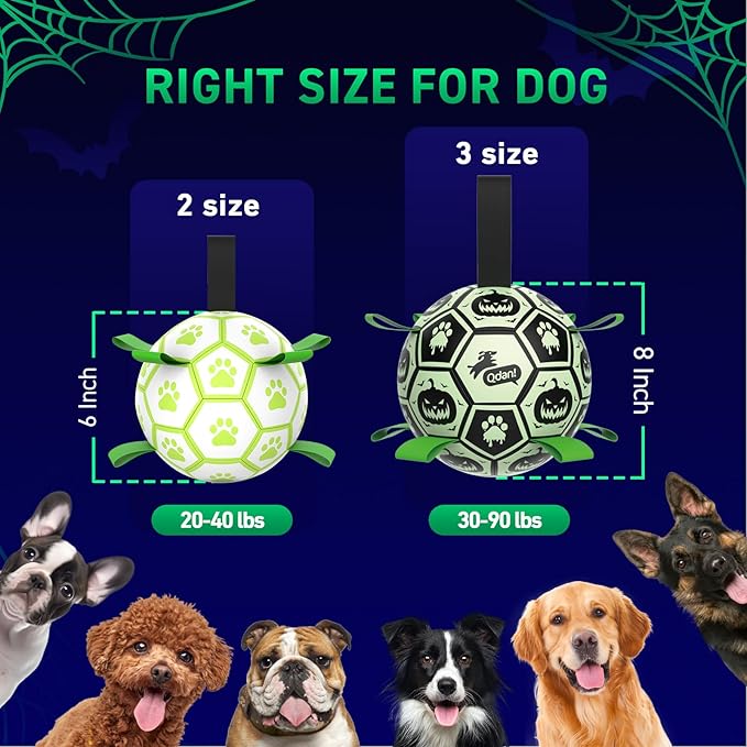 QDAN Halloween Glow in The Dark Dog Toys, Dog Ball with Straps, Soccer Ball for Dogs, Outdoor Dog Toys, Pet Birthday Toys, Puppy Essentials for Medium to Large (8Inch)