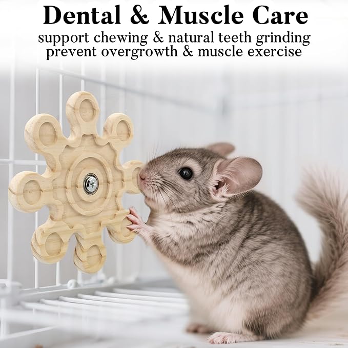 Rotating Natural Wood Chinchilla Chew Toys for Teeth, Interactive Enrichment Toys, Hanging Exercise Chinchilla Toys for Cage for Playtime, Spinner Cage Accessories Wheel (1pc Snow)