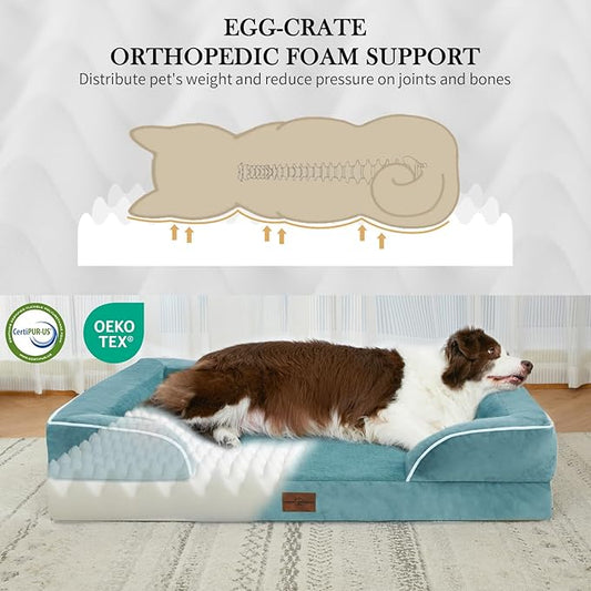 Comfort Expression Waterproof Large Dog Beds, Orthopedic Dog Beds for Large Dogs, Comfy Pet Bed Sofa with Washable Removable Cover & Non-Slip Bottom(Washed Blue)