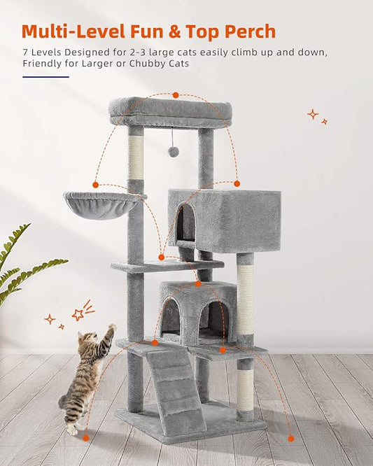 Cat Tree for Large Cats Adult with Super Large Top Perch, 56.3'' Cat Tower with Plush Hammock, Cat Shelves and Dangling Pompom, Cat Scratching Posts and 2 Condos Houses, Grey (AMT0111GY-A)