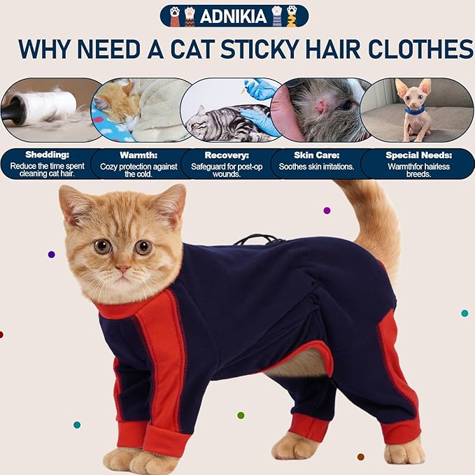Cat Pajamas for Cats Only, Sticky Hair Cat Clothes, Long Sleeve Sphynx Clothes, Anti-Licking or Skin Disease Recovery Suit for Female Cats, Kitten Onesie Pajamas, DarkBlue, S