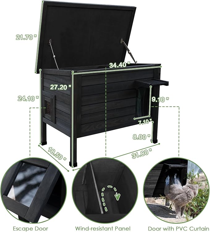 Outdoor Insulated Cat House for Stray Cats Weatherproof Shelter with Openable Asphalt Roof and Escape Door