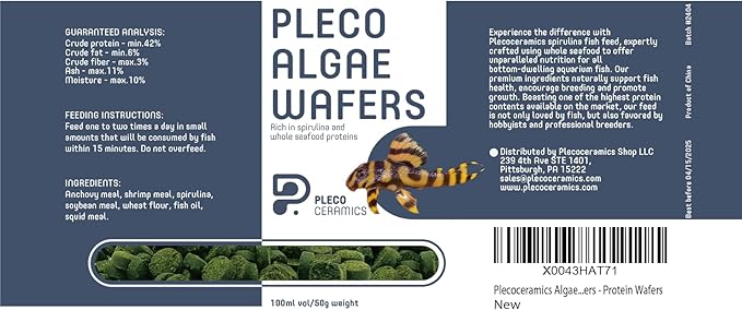 Plecoceramics Algae Wafers Universal Fish Food for Aquarium Fish, Turtles, Goldfish, Catfish - Spirulina Protein Wafers for Bottom Feeders (50 gr)