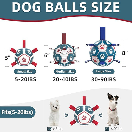 QDAN Dog Toys Soccer Ball with Straps, Outdoor Toys for Tug of War, Puppy Birthday Gifts, Dog Water Toy, Durable Balls for Small Dogs - Blue Red(5 Inch)