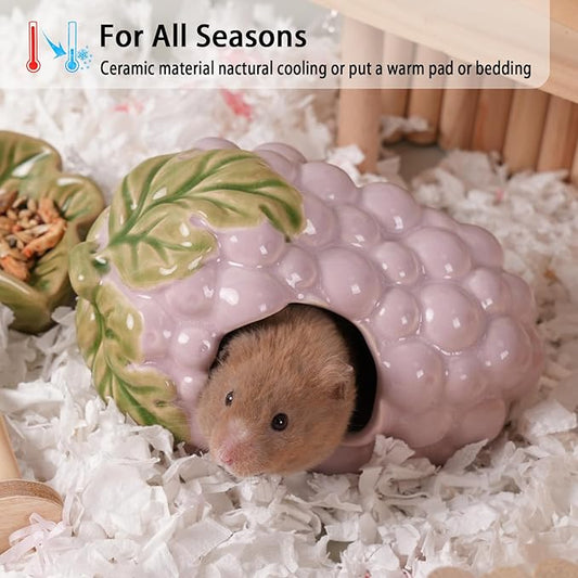 Ceramic Hamster Hideout,Grape Dwarf Hamster House,Guinea Pig Habitat Decor, Hideaway House for Gerbil, Cool Bed for All Season