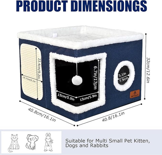Cat Beds for Indoor Cats - Foldable Cat Hideaway with Hanging Fluffy Ball and Scratch Pad, Large Cat Bed Cave with Reversible Cushion for Multi Small Pet Kitten, Blue