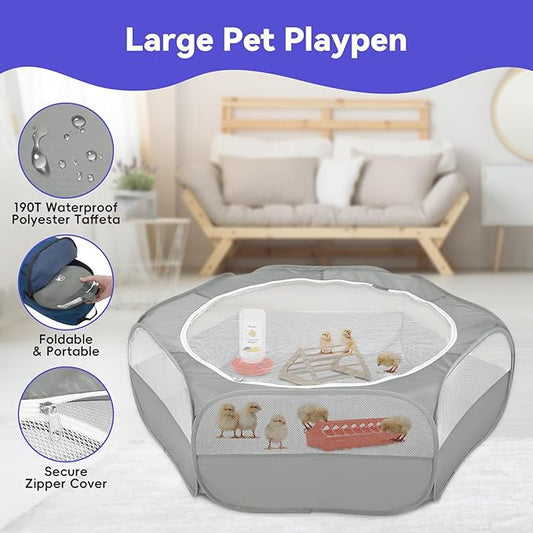 Pawaboo 5-in-1 Chicken Brooder Box for Chick Starter Kit, Includes Pet Cage Tent, Chicks Perch, Chicks Feeder, 1.1L Chick Waterer, Baby Chicken Supplies (Brooder Set), Gray