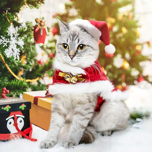 Cat Christmas Costume with Santa Hat and Cloak Cat Xmas Outfit for Kitten/Puppies/Home Christmas Decoration