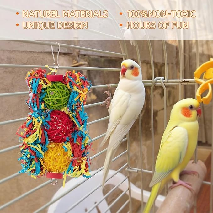 5-Piece Natural Bird Cage Accessories Set - Bamboo Shredding Foraging Toys, Cotton Rope Perch & Wooden Stand for Parrots, Parakeets, Cockatiels, Conures, Lovebirds