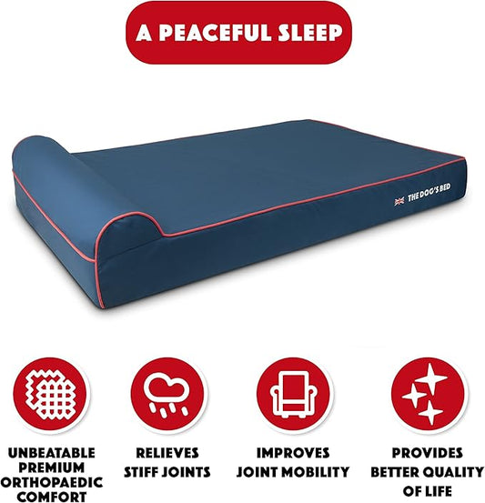 The Dog’s Bed Orthopedic Headrest Dog Bed XXL Blue Oxford with Red Trim UK Flag Dog Bed, Memory Foam, Hip & Elbow Dysplasia, Post Surgery, Waterproof Washable Cover