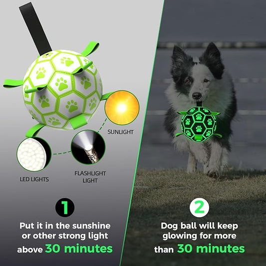 QDAN Premium Glow in The Dark Dog Toys, Dog Ball with Straps, Soccer Ball for Dogs, Outdoor Dog Toys, Pet Birthday Toys, Puppy Essentials for Small to Medium (6Inch)