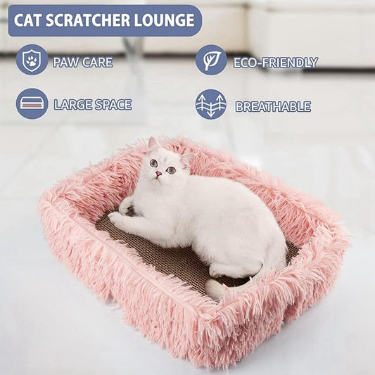 Fluffy Cat Scratcher Bed Box with Removable Cardboard, Corrugated Board Rectangular Cat Scratching Lounge, Pet Scratch Pad for Furniture Protection (Pink)