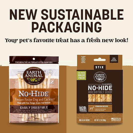 Earth Animal No Hide Stix Venison Flavored Natural Rawhide Free Dog Chews Long Lasting Chew Sticks | Treats for Small Dogs and Cats | Great for Aggressive Chewers - 30 Count