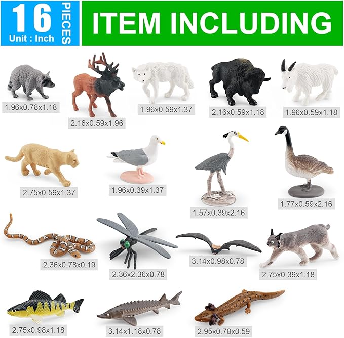 1-2 Inch North American Great Lakes Animals Set for Cake Topper Mini Biome Animals Figurines Set Plastic Water Snake Bat Goose Figurines Dragonfly Figure Toy Gift for Kid Toddlers