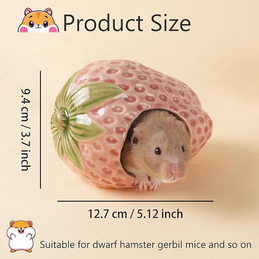 Ceramic Hamster Hideout,Strawberry Dwarf Hamster House,Guinea Pig Habitat Decor, Hideaway House for Gerbil, Cool Bed for All Season(Pink)