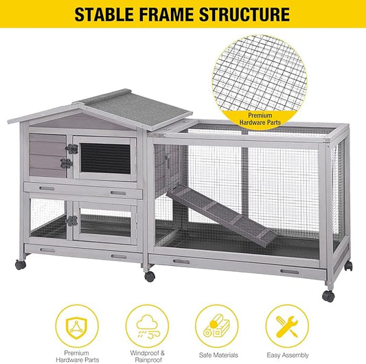 Aivituvin Rabbit Hutch 62" Rabbit Cage Indoor Outdoor Guinea Pig Cage on Wheels Bunny Cage with 3 Deep No Leakage Pull Out Tray,Waterproof Roof (Grey)