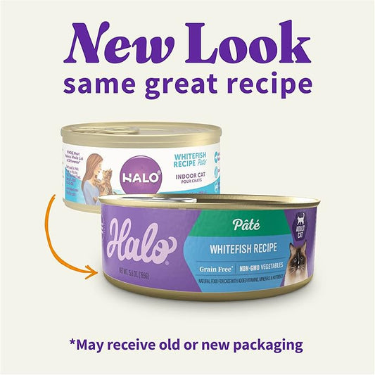 Halo Wet Cat Food Whitefish Recipe, Grain Free Wet Cat Pate, Canned Cat Food for Extra Hydration, 5.5 Oz Can (Pack of 12)
