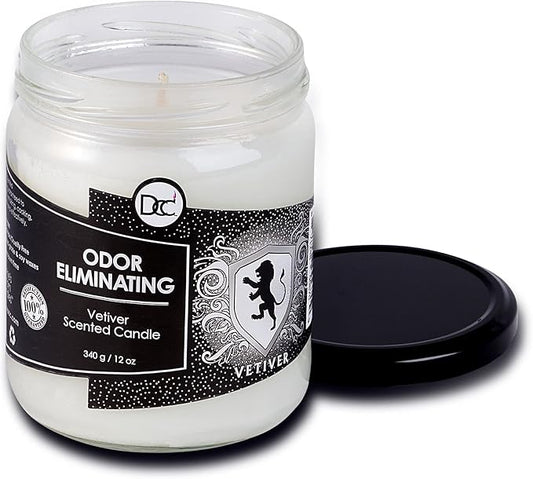 Vetiver Odor Eliminating Highly Fragranced Candle - Eliminates 95% of Pet, Smoke, Food, and Other Smells Quickly - Up to 80 Hour Burn time - 12 Ounce Premium Soy Blend