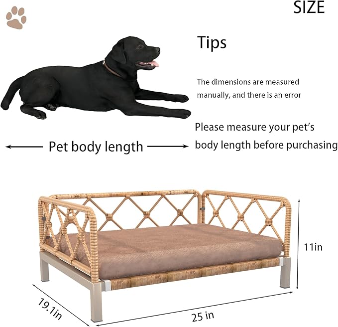 Wicker Dog Bed with 2" Cushion,Rattan Dog Sofa Bed for Small Medium Dogs– Indoor/Outdoor Metal Frame Pet Bed up 66lbs (Brown Rattan Brown Cushion)