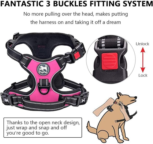 PoyPet Dog Harness and Leash Combo, Escape Proof No Pull Vest Harness, with 5 Feet Leash, Reflective Adjustable Soft Padded Pet Harness with Handle for Small to Large Dogs(Pink,M)